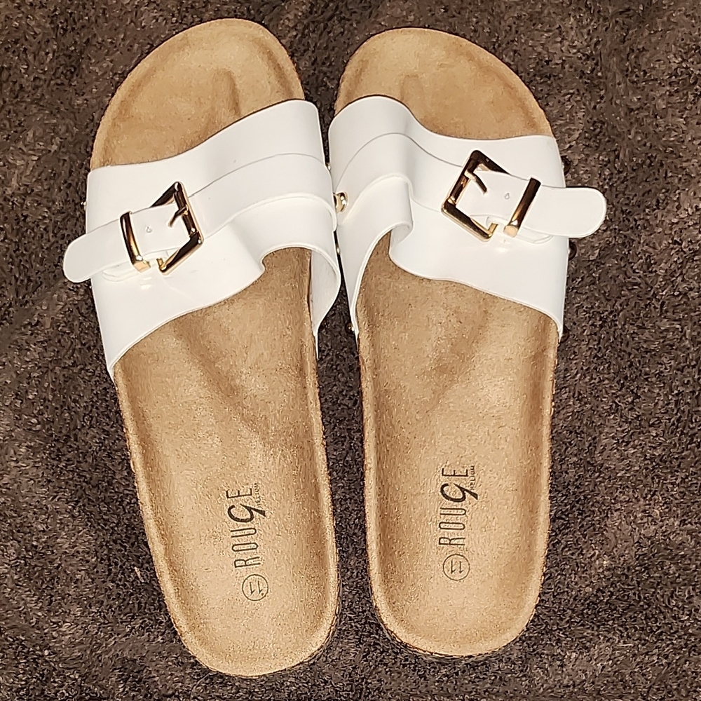 Rouge Helium White and Tan Sandals with Buckle Details